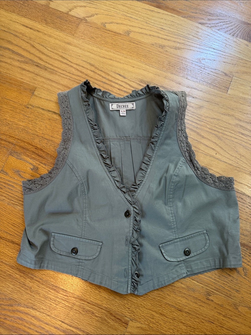 Decree Olive Green Ruffle & Crochet Trim Vest